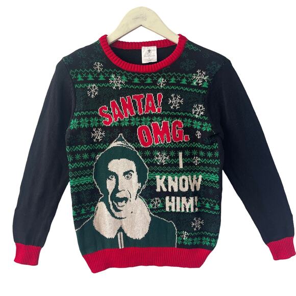 Elf The Movie SANTA OMG I KNOW HIM Ugly Christmas Sweater Size Youth L (14-16) - Picture 1 of 2